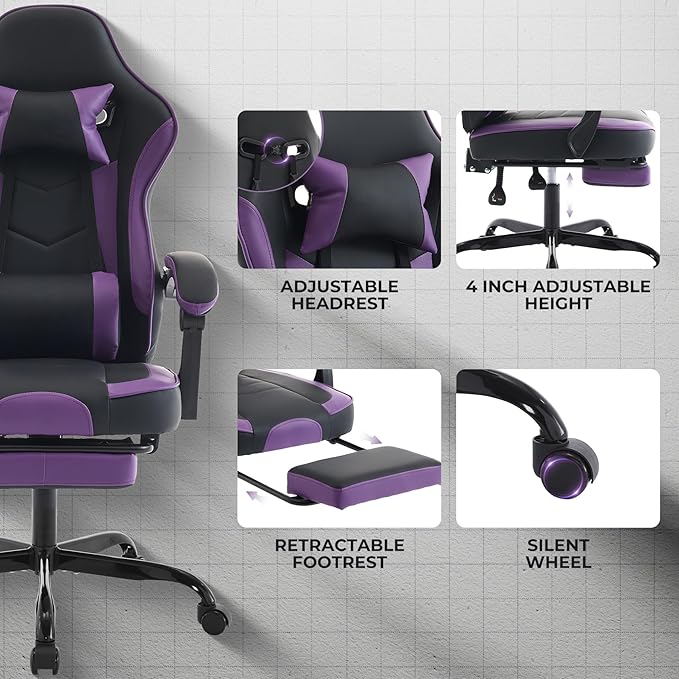 Cute Gaming Chair with Cat Paw Lumbar Cushion and Cat Ears Kawaii Pink Computer Chair with Footrest Ergonomic PC Video Anime Gaming Chairs Recliner for Kids Girls Teens (Purple+Black)