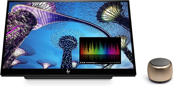 HP E14 FHD (1920x1080) Portable Monitor Travel Bundle with USB Type-C and Micro Bluetooth Speaker with Professional Sound Built-in Microphone and Remote Shutter for Selfies