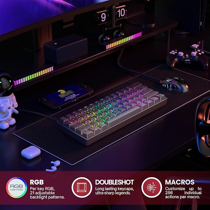 Mechanical Gaming Keyboard - 61 Keys Multi Color RGB Illuminated LED Backlit Wired Programmable for PC/Mac Gamer (Gateron Optical Silver Black)