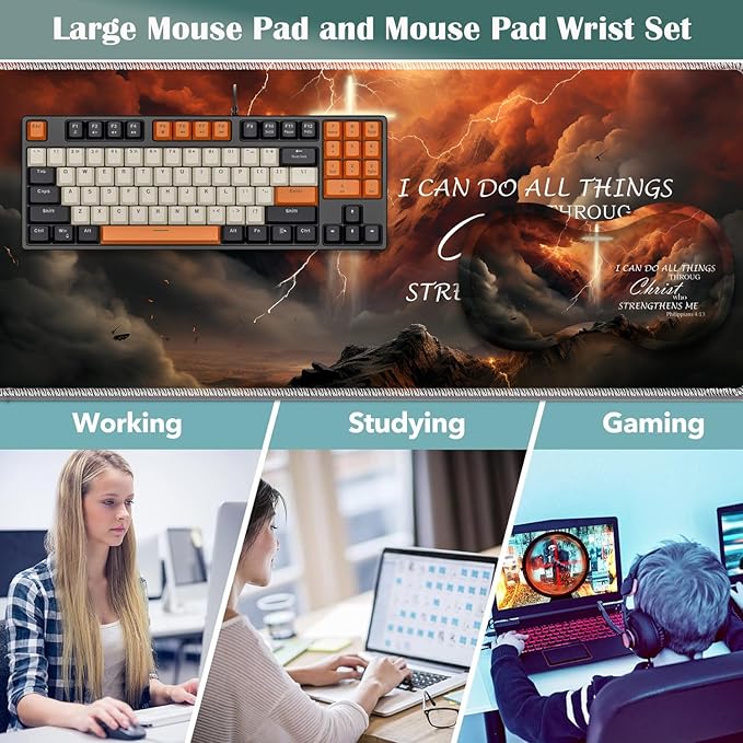 Large Game Mouse Pad + Wrist Support Pad + Coffee Coaster Desk Pad with Sewn Edges Anti-Slip Set pad Suitable for Office Work and Home - Holy Cross Bible Philippians 4-13