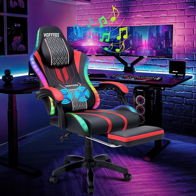 HOFFREE LED Gaming Chair with Speakers and Massage Video Game Chair Big and Tall with Footrest Gamer Chair for 400lbs Computer Desk Chair Red and Black Red+black HOGC-MAX303