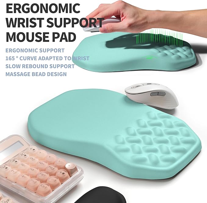 2-in-1 Ergonomic Set Wave Keyboard Wrist Rest and Massage Slope Mouse Pad Wrist Support Rebound Memory Foam for Relieve Carpal Tunnel Syndrome and Wrist Pain (Light Blue)