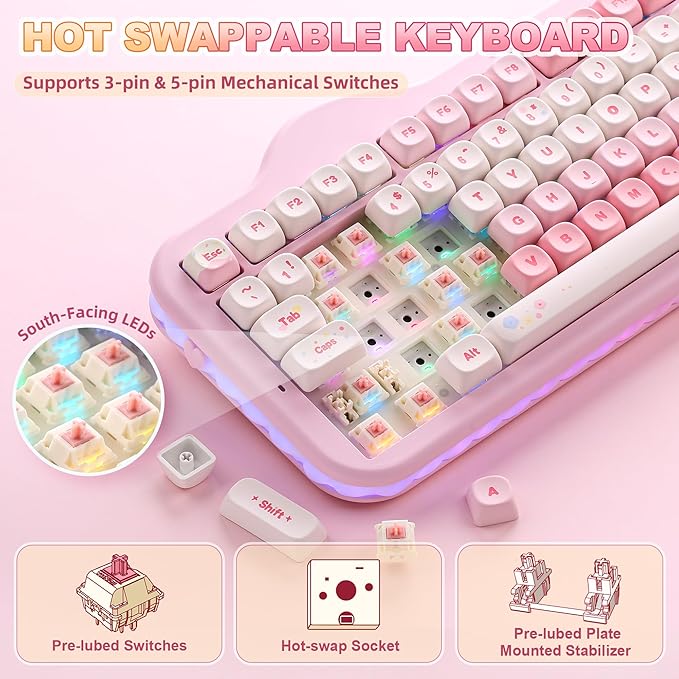 YUNZII C98 Wireless Mechanical Keyboard with Number Pad99 Key BT5.0/2.4G/USB-C Hot Swap Gasket Mount with PBT MOA KeycapsCustom RGBCute Cake Keyboard for Win/Mac (Pink Candy Linear Switch)