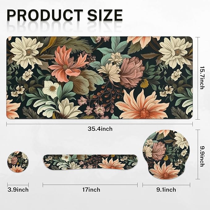 Arttown Spring Flower Desk Mat Leaves Floral Colorful Mouse Pad Set 4 in 1 Ergonomic Design Large Mousepad + Keyboard Wrist Rest + Mouse Wrist Rest + Coaster Suitable for Home Office Study Game