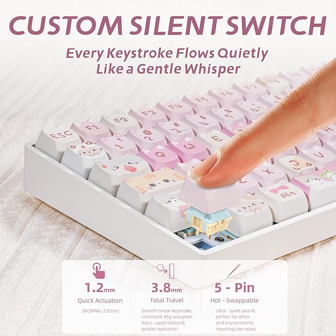 ZORNHER ZH100 Wireless Cat Mechanical Keyboard98% Pink Cute Creamy Keyboard with Number PadFull Size Girly Kitty Gaming KeyboardMeow Meow Squad KeycapsSilent Quiet SwitchesHot-Swappable