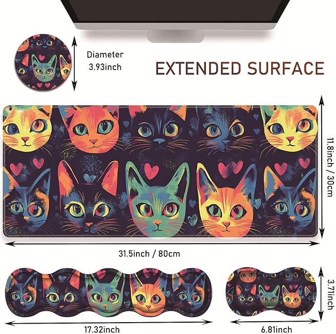 Large Gaming Table Pad 31.5 x 11.8 + Keyboard Wrist Pad + Mouse Wrist Pad + Coaster Non-Slip Base 4-in-1 Set Ergonomic Memory Foam Easy Typing Pain Relief Watercolor Cat Face