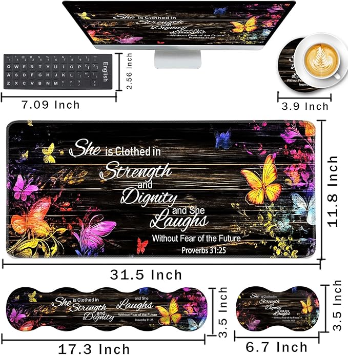 Keyboard Wrist Rest and Mouse Pad with Wrist Support Set Ergonomic CoasterMemory FoamEasy Typing Pain ReliefLarge XL Desk Mat 31.5x 11.8Floral Butterfly Bible Verse Proverbs 31-25