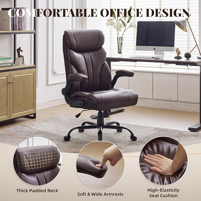 Office ChairBig and Tall Office Chairs 500LBS Wide Ergonomic Gaming Chair Executive Leather Computer Chairs with Adjustable Height &amp 360° Swivel Rolling Wheels for WorkChocolate
