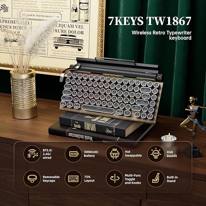 7KEYS Typewriter Keyboard Wireless Retro Style Vintage Classical Mechanical Keyboard with Bluetooth for IPAD PC/Laptop Mac/Phone (Wood+Wrist)