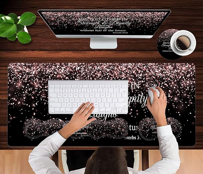 Large Mouse PadErgonomic Mouse Wrist Support+Keyboard Wrist Rest Set+Extended Gaming Mouse Pad Proverbs 31:25 Bible Rose Gold Office Desk Mat Writing Mat Laptop Protector Accessories Black Desk Pad