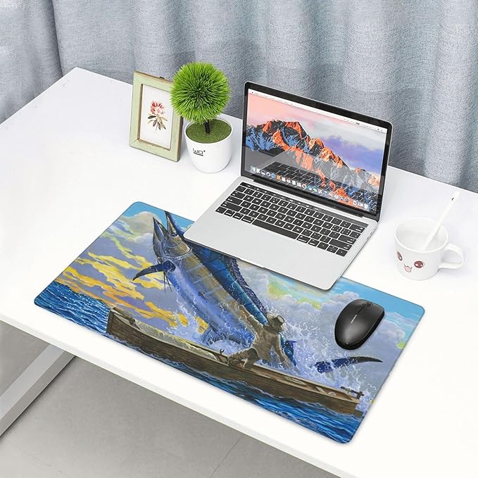 Old Man Blue Marlin Billfish Sportfishing Mar Gaming Mouse Pad Large 16x29.5 Inch - Non-Slip Desk Mat with Stitched Edges Durable Textured Rubber Base for Gaming