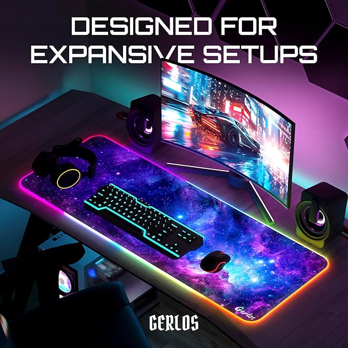 Gerlos RGB Large Gaming Mouse Pad Extended Soft LED Mouse Pad Non-Slip Rubber Base Water Resist Keyboard Pad Computer Mousepad 31.5×11.8 inches