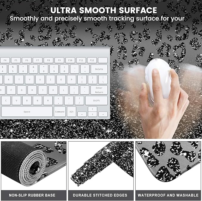 iLeadon 4in1 Ergonomic Desk Mat Set with Wrist Rest Keyboard Pad and Coaster Black Leopard
