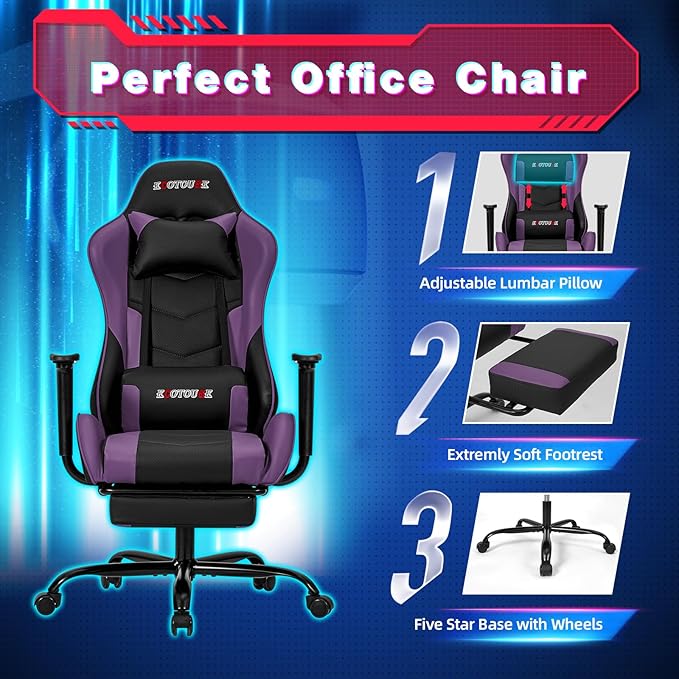 Massage Gaming Chair w/Footrest Video Racing Chair PC High Back Desk Computer Chair PU Leather Recliner w/Headrest and Lumbar Pillow Purple