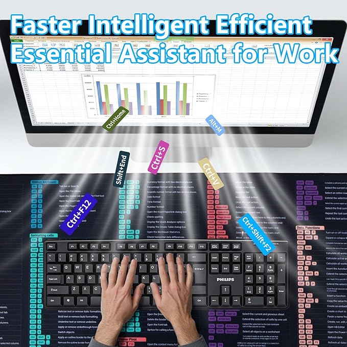 DAWNTREES XXL Large Excel Cheat Sheet Desk Pad 47.3x23.6 Excel Mouse Pad for Windows Non-Slip Desk Mat for Office Home Gaming