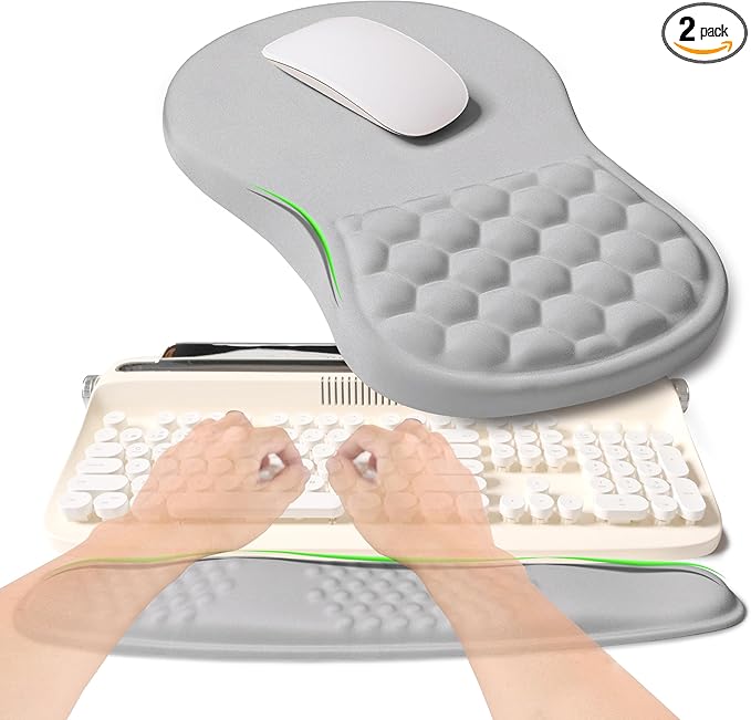 2-in-1 Ergonomic Set Wave Rise Keyboard Wrist Rest and Massage Bulge Slope Mouse Pad Wrist Support Cushion Memory Foam Integrated to Relieve Wrist Pain Silver Gray