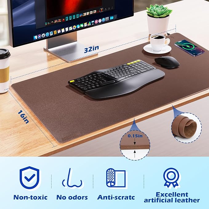 Wireless Charging Desk Mat with Desk Pad for Desktop Charging Large Mouse Pad Waterproof Leather Computer Mat Mouse Pad Non-Slip Protector on Top of Desks for Keyboard and Mouse (brown-r 32*16inch)
