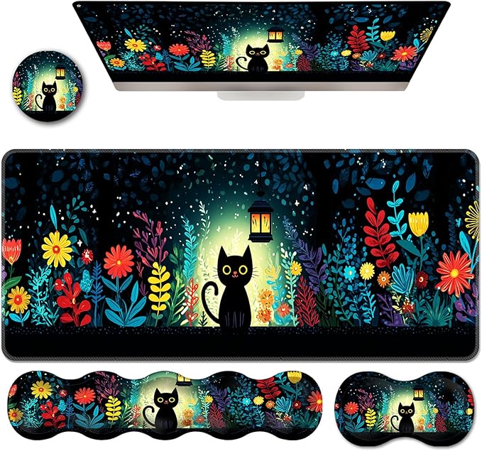 Ergonomic Keyboard Wrist Rest &amp Mouse Pad Wrist Rest SetXL Gaming Desk Mat 31.5x 11.8Non-Slip BaseMemory FoamEasy Typing Pain Relief for Office &amp HomeBlack Cat