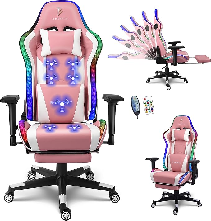 TBQATNTS Massage Gaming Chair with Speakers Ergonomic Pro Gaming Chair with Headrest and Lumbar SupportReclining Computer Chair with Footrest and RGB LightsVideo Game Chair for Adults Kids.Pink