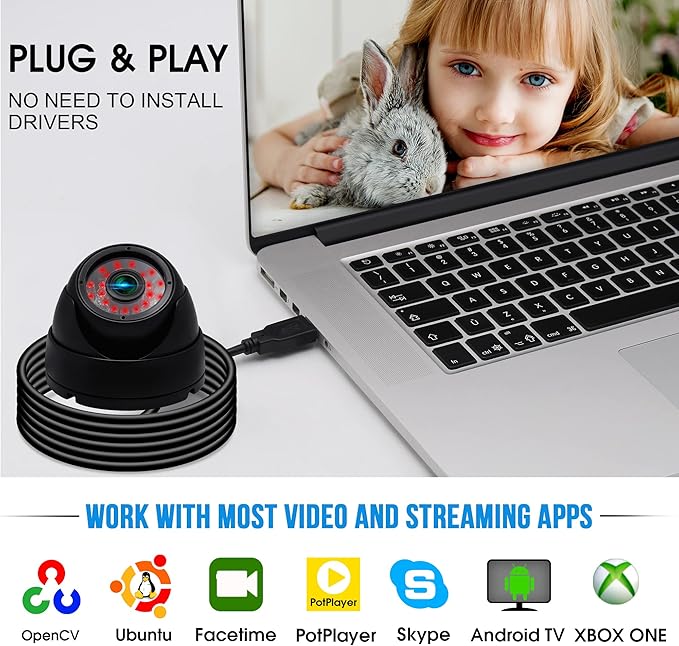 2MP USB Dome Camera Weatherproof Metal Housing 24 IR-LEDs for Day and Night Monitoring Audio Motion DetectionIdeal Home Security Surveillance for Baby MonitoringPet Surveillance and Parking