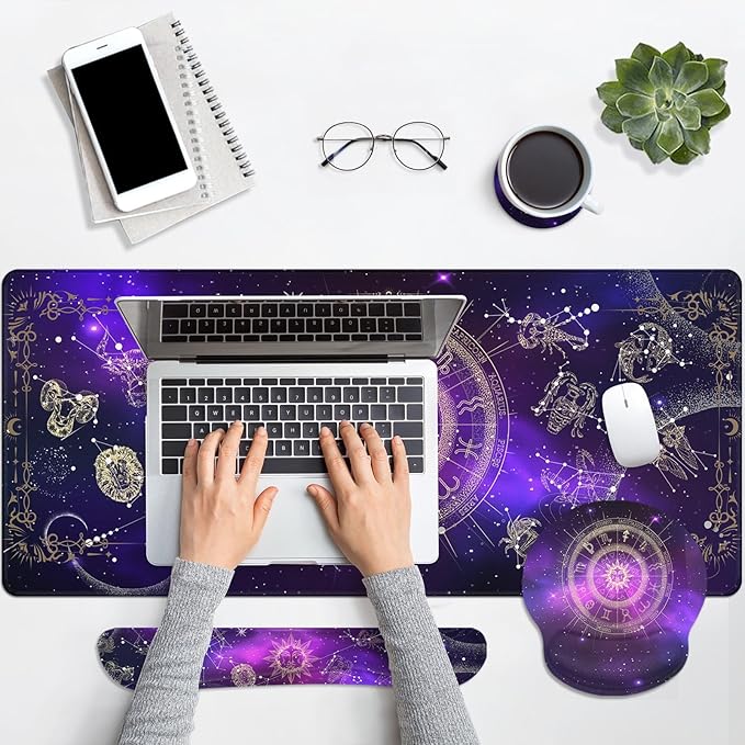 Arttown Sun Space Galaxy Desk Mat Constellation Astrology Mouse Pad Set 4 in 1 Ergonomic Design Large Mousepad + Keyboard Wrist Rest + Mouse Wrist Rest + Coaster Suitable for Home Office Study Game