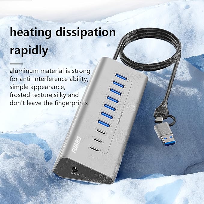 10 Ports USB HUB 7 USB-A and 3 USB-C Ports Multiport Adapter USB3.0 Aluminum USB C to USB Hub for iPhone 16/15 Series MacBook iPad