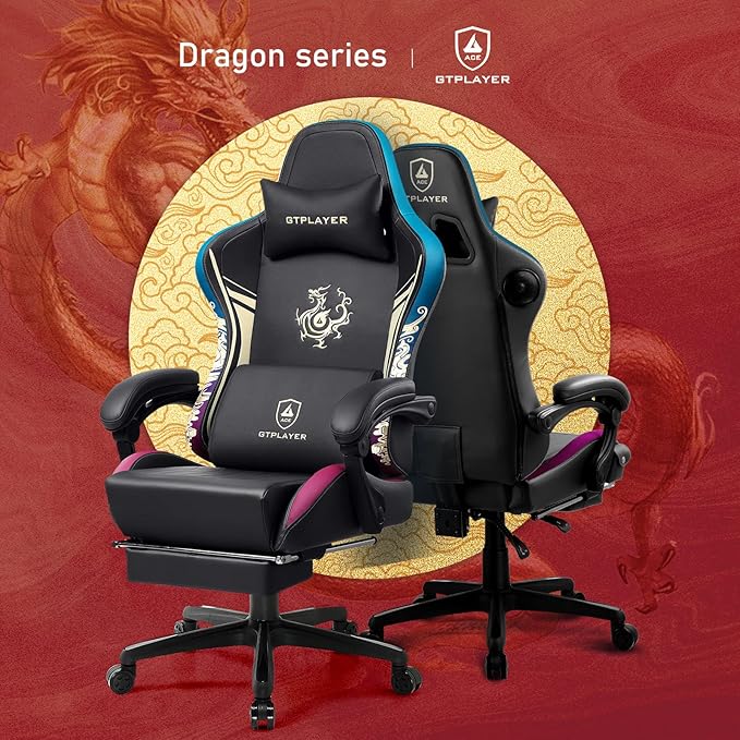 GTPLAYER Gaming Chair with Bluetooth Speakers and Footrest Dragon Series Video Game Chair Heavy Duty Ergonomic Chair Esports Gaming Chair Computer Office Desk Chair(DEEP Black)
