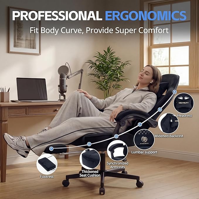 Desk Computer Gaming Chair - High Back Ergonomic Office Chair with Footrest and Lumbar Support Swivel Comfy Home Gamer Video Game Chairs with Pocket Spring Cushion for Adults (Black Fabric)