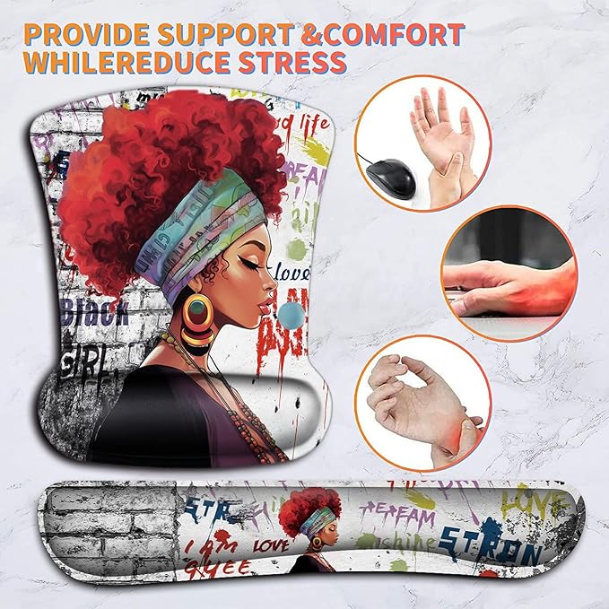 Ergonomic Mouse Pad Wrist Support Gel and Keyboard Wrist Rest Set African Graffiti Girls with Red Hair Design for Laptop Gaming and Office Comfortable and Pain Relief + Coaster