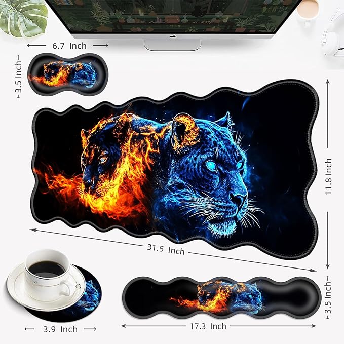 Desk Mat Mouse Pad with Wrist Rest 4-in-1 Large Mouse Pads for Desk Ergonomic Mouse Pad and Keyboard Wrist Rest Gaming Keyboard Mat for OfficeFire Tiger
