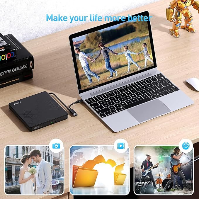 External CD DVD Drive CD Burner USB 3.0 with 2 USB Ports and 2 TF/SD Card Slots Optical Disk Drive for Laptop Mac PC Windows 11/10/8/7 Linux OS with Carrying Case