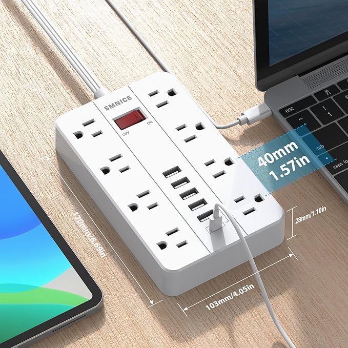 Flat Plug Extension Cord 15 Ft SMNICE Surge Protector Power Strip with 8 Widely Spaced Outlets and 6 USB(1USB C) Ports Wall Mount Long Charging Station for Dorm Home Office Accessories White