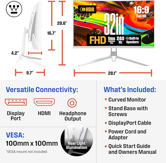 Westinghouse 32 Inch Curved Full HD White Gaming Monitor 240Hz AMD FreeSync Support Low Motion Blur 1500R Curve 1920 x 1080 for PC Games with Built in Speakers DisplayPort HDMI