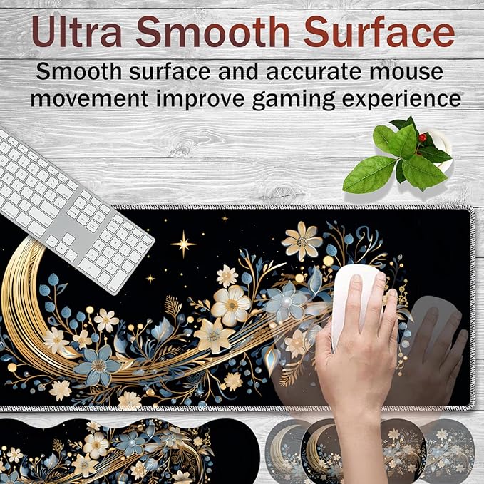 Gaming Mouse Pad Set Large Gaming Mouse Pad+Keyboard Wrist Rest+Mouse Wrist Rest+Coaster Easy Typing Pain Relief 31.5 × 11.8 inch Desk Mat for Home Office - Moon Floral Flower