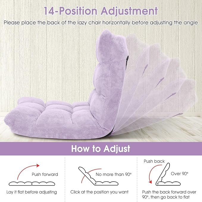 GORELAX Memory Foam Floor Chair 14-Poistion Adjustable Reading Gaming Chair Recliner Folding Cushioned Meditation Chair with Back Support Padded Lazy Sofa for Adults Kids (Light Purple)