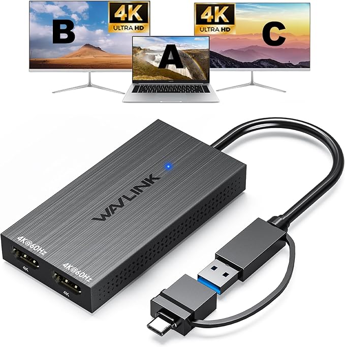 WAVLINK USB 3.0 &amp USB C to Dual HDMI Adapter 4K@60Hz for 2 Monitors DisplayLink USB C HDMI Adapter for Dual Monitor for Mac M1/M2/M3 Windows ChromeOS Ubuntu Android