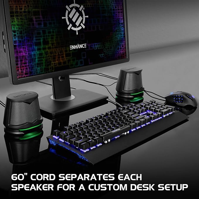 ENHANCE SB2 USB Computer Speakers 2.0 Stereo with Green LED Lighting 10W Peak High Excursion Drivers 3.5 mm Aux in Line Volume and Light Switch PC Laptop Desktop