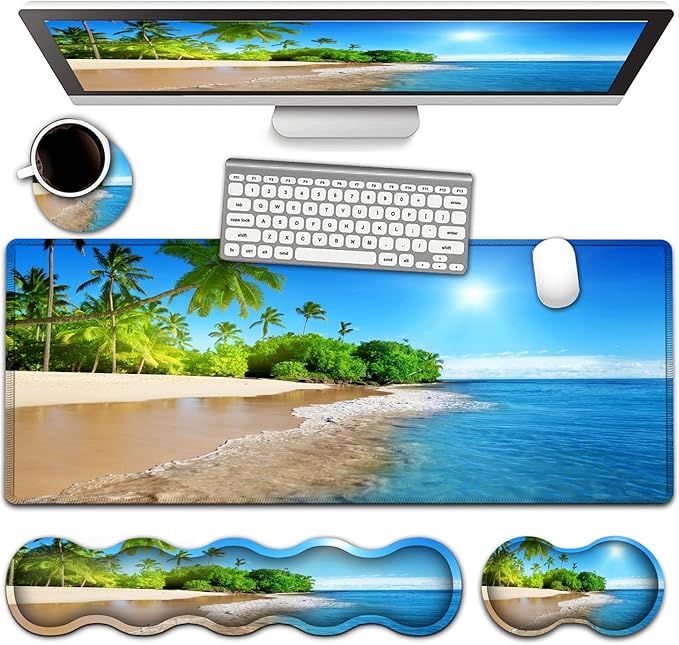 Office Desk Pad Large Mouse Pad(31.5 x 11.8) Laptop Desk Table Protector Extended Writing Mat Ergonomic Memory Foam Keyboard Wrist Rest SupportTropical Palm Sea Beach View Gaming Mouse Pad Set
