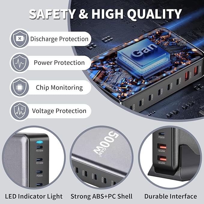 500W USB C Fast Charging Station Hub 8 Port HUB Fast Charging Brick for Multiple DevicesPD PPS 100W Wall Charger Compatible with MacBook Pro/Air/All iPad iPhone 16/15 for HP Dell Lenovo Acer Laptop