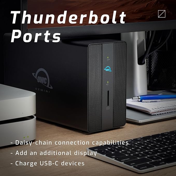 40.0TB OWC Gemini Thunderbolt (USB-C) Dock and Dual-Drive HDD RAID External Storage Solution External Drive with 2 x Thunderbolt ports (USB-C) 2 x USB 3.2 Gen 2 ports 2.5Gigabit Ethernet port HDMI