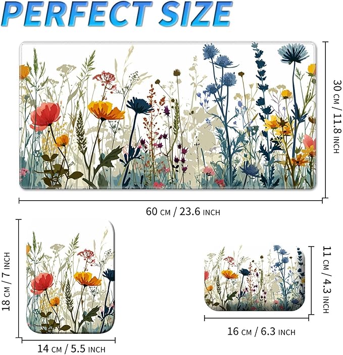 Wrist Rest Pad Small Mouse Pad and Office Desk Mat Set 3 in 1 Desk Pad 11.8 x 23.6+Mousepad +Mouse Wrist Rest with Ergonomic Design Non-Slip for Home Gaming Computer Red Orange Flowers
