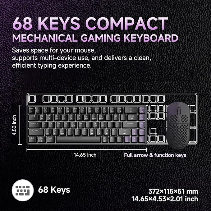 DIERYA DK68 Wireless Mechanical Keyboard 60% Gaming Keyboard with Blue Switch Triple Mode 2.4GHz/USB-C/BT5.0 RGB Backlit Anti-Ghosting Keys 68 Keys Portable Mini Wired Office Keyboard-Black