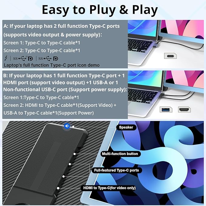 Laptop Screen Monitor Extender Wider 1080P FHD Portable Monitor for Laptop Built-in Speaker and Adjustable Backstand Triple Screen Extender Compatible with Wins/MacOS/Chrome