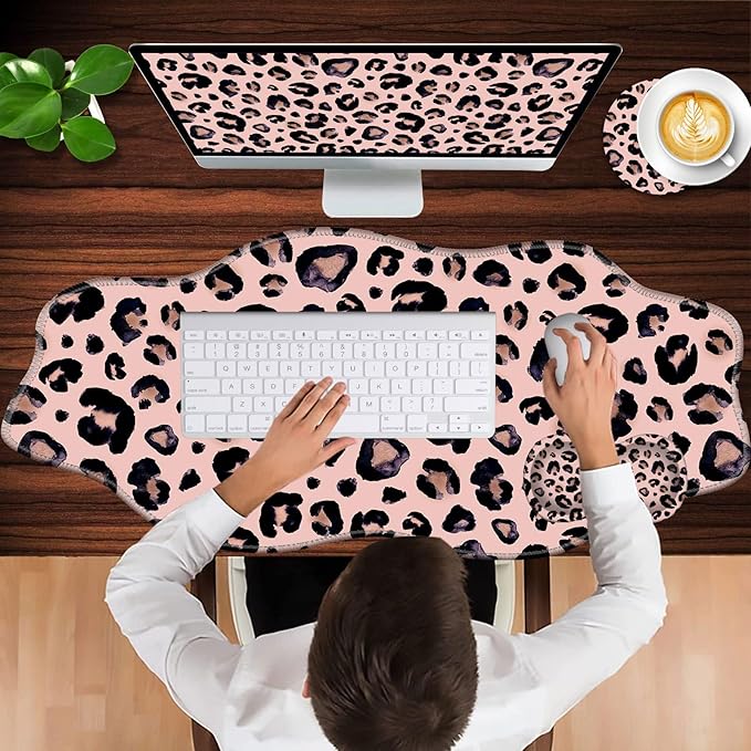 Mouse Pad with Wrist Support + Desk Mat + Coaster 3 in 1 Set XXL Large Gaming Mousepad Ergonomic Mouse Pads for Desk Computer Laptop OfficeCute Leopard