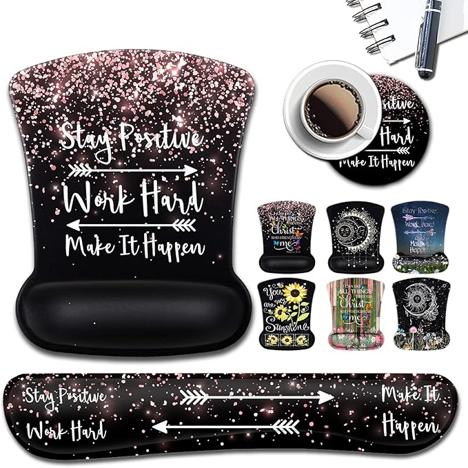 Ergonomic Gel Mouse Pad with Wrist Support Keyboard Wrist Rest Non-Slip PU Base for Home Office Working Studying Easy Typing &amp Pain Relief Rose Gold Black MousepadStay Positive Work Hard