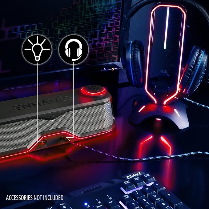 ENHANCE SB1 High Excursion Computer Soundbar - USB Powered Computer Speaker Under Monitor Speaker with 10W Peak LED Volume Control Knob Headset Pass Through Gaming Soundbar for PC