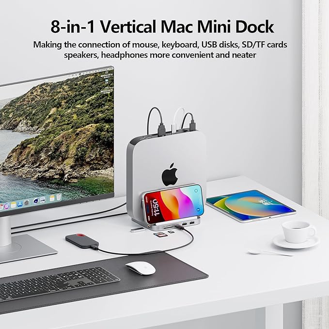 Mac mini Hub M1 M2 with M.2 SSD Enclosure (NOT for M4 2024) 8-in-1 Vertical Mac mini Dock Stand with USB A/C 3.2 10Gbps 2 x USB A 2.0 SD/TF Slots 3.5mm Audio Mic Jack