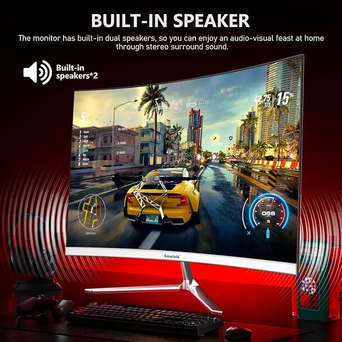 Gawfolk 24.5 Inch Gaming Curved Monitor Built-in Speakers 3000R 120Hz White PC Screen Full HD 1080P HDMI 2.0 VGA Wall Mount Compatible 75 * 75mm