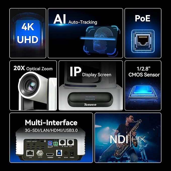 Tenveo 4K NDI PTZ Camera AI Humanoid &amp Face Auto-Tracking 20X Zoom 3G-SDI/HDMI/USB3.0/LAN(PoE) Live Streaming with Tally Light &amp IP Display for Live Streaming Video Production Church Events