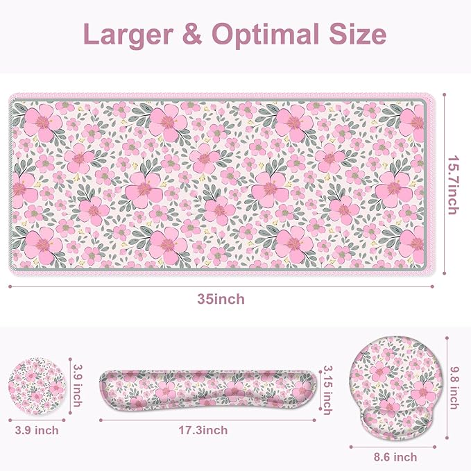 Floral Desk Mat 4in1 Large Mouse Pad with Wrist Rest Cute Desk Matt for Desktop Deskpad Mat Anti-Slip XXL Computer Ergonomic Mousepad with Wrist Support for Keyboard and Mouse I Pink Flowers